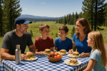 Private picnic setup with sandwiches, chips, fruit, and reusable water bottles on a wooden table with a blue and white checkerboard tablecloth, surrounded by family members enjoying a scenic outdoor lunch