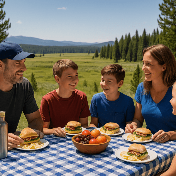 Private picnic setup with sandwiches, chips, fruit, and reusable water bottles on a wooden table with a blue and white checkerboard tablecloth, surrounded by family members enjoying a scenic outdoor lunch